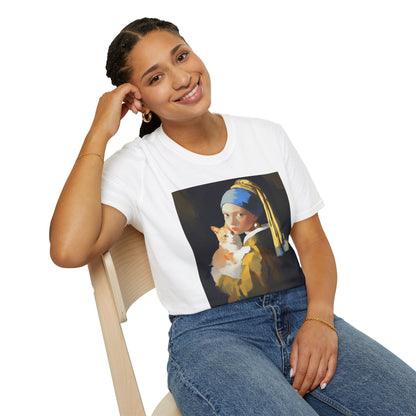 Unisex Softstyle T-Shirt "Cat and a Girl with a Pearl Earring"