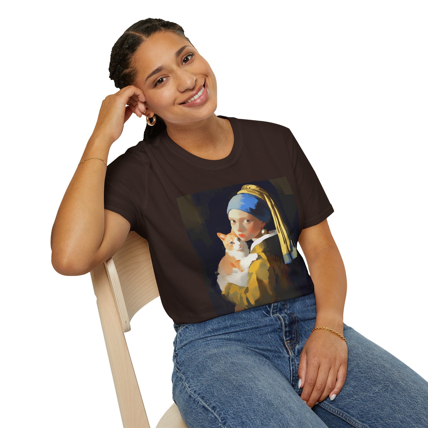 Unisex Softstyle T-Shirt "Cat and a Girl with a Pearl Earring"