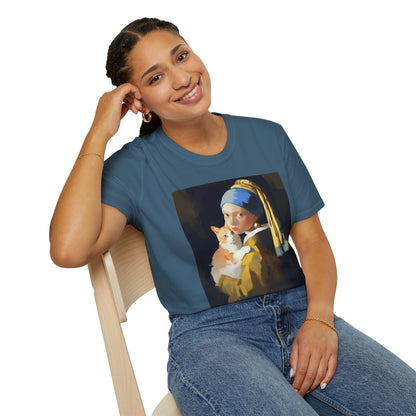 Unisex Softstyle T-Shirt "Cat and a Girl with a Pearl Earring"