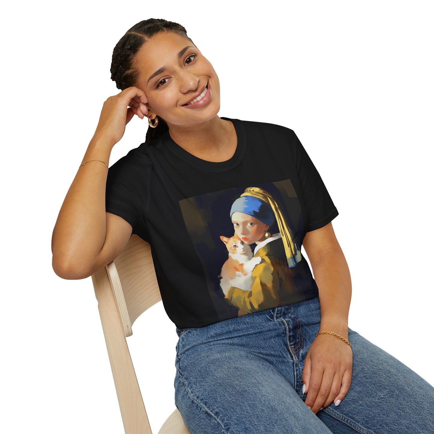 Unisex Softstyle T-Shirt "Cat and a Girl with a Pearl Earring"