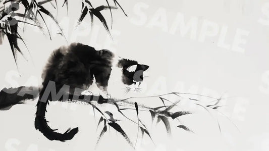 Digital Image Picture Photo Art Cat Japanese Style Ink Wash Painting Wallpaper Background Dl0168