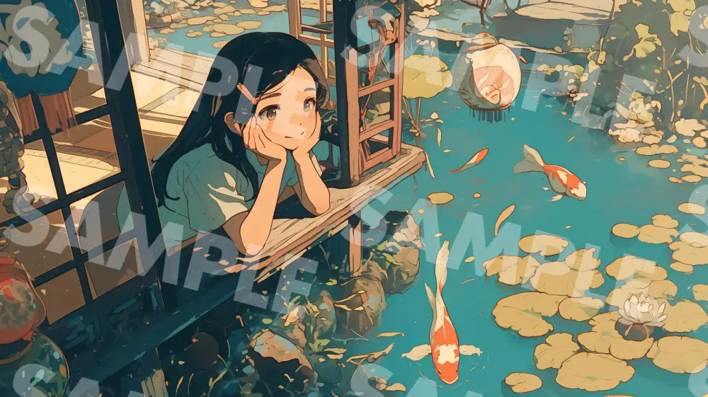 Digital Image Picture Photo Art Japan Japanese Girl By The Pond Wallpaper Background Dl0377