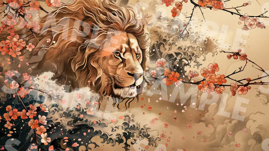 Digital Image Picture Photo Art Lion Japanese Style Sakura Wallpaper Background Dl0170