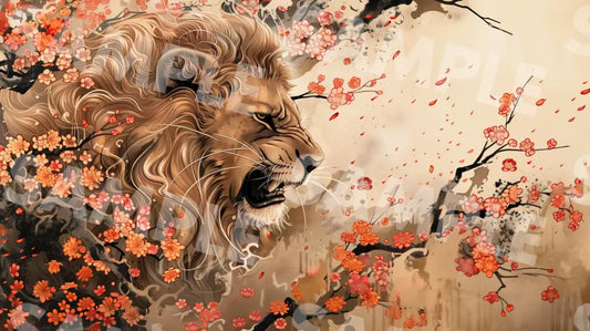 Digital Image Picture Photo Art Lion Japanese Style Sakura Wallpaper Background Dl0171