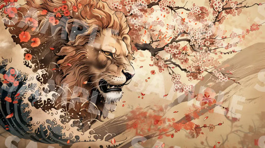 Digital Image Picture Photo Art Lion Japanese Style Sakura Wallpaper Background Dl0172