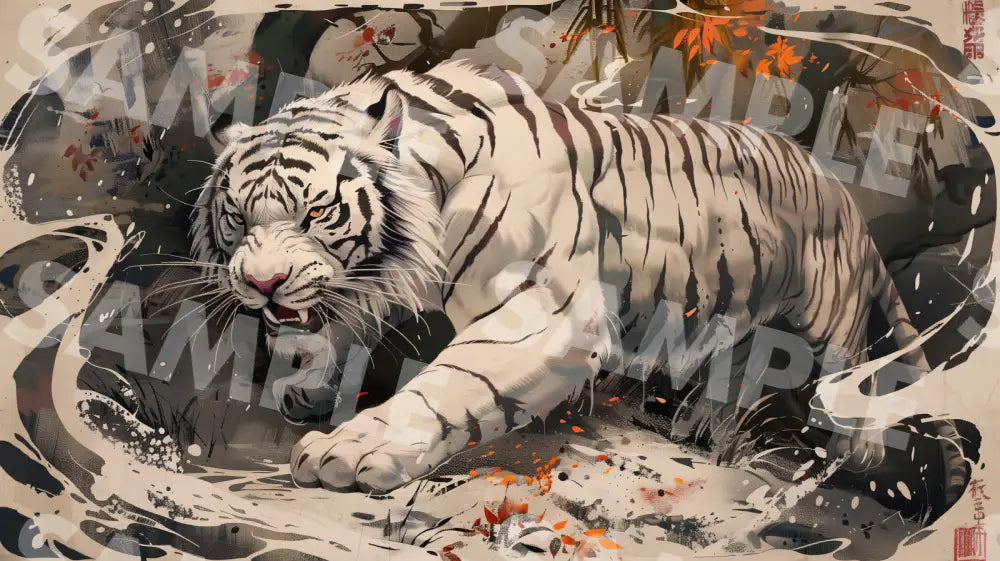 Digital Image Picture Photo Art Tiger Japanese Style White Wallpaper Background Dl0340