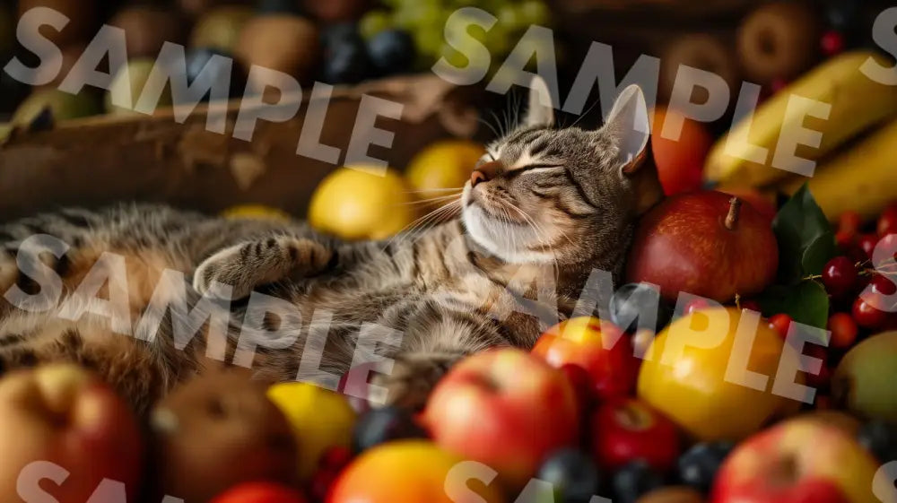 Digital Image Picture Photo Cat And Fruits Wallpaper Background Dl0146