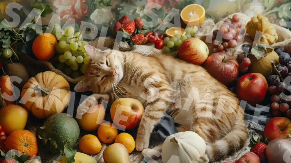 Digital Image Picture Photo Cat And Fruits Wallpaper Background Dl0147