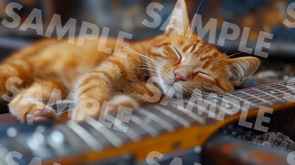 Digital Image Picture Photo Cat Sleeping With The Guitar Wallpaper Background Dl0107