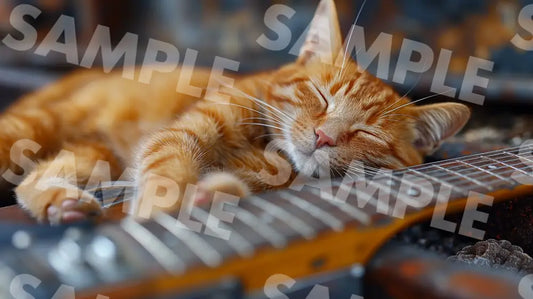 Digital Image Picture Photo Cat Sleeping With The Guitar Wallpaper Background Dl0107